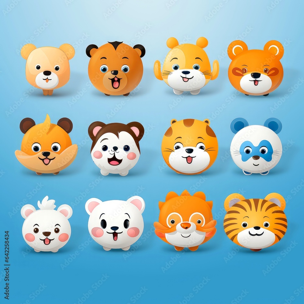 Set of animal faces, face emojis, stickers, emoticons,cartoon funny mascot characters face set, Generative AI illustration Set of animal faces, face emojis, stickers, emoticons,cartoon funny mascot characters face set, Generative AI illustration