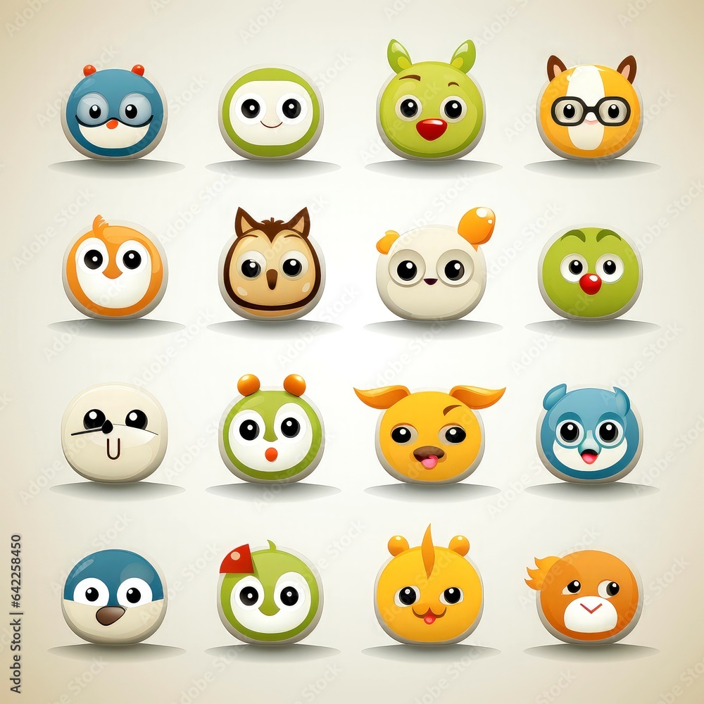 Fototapeta premium Set of animal faces, face emojis, stickers, emoticons,cartoon funny mascot characters face set, Generative AI illustration