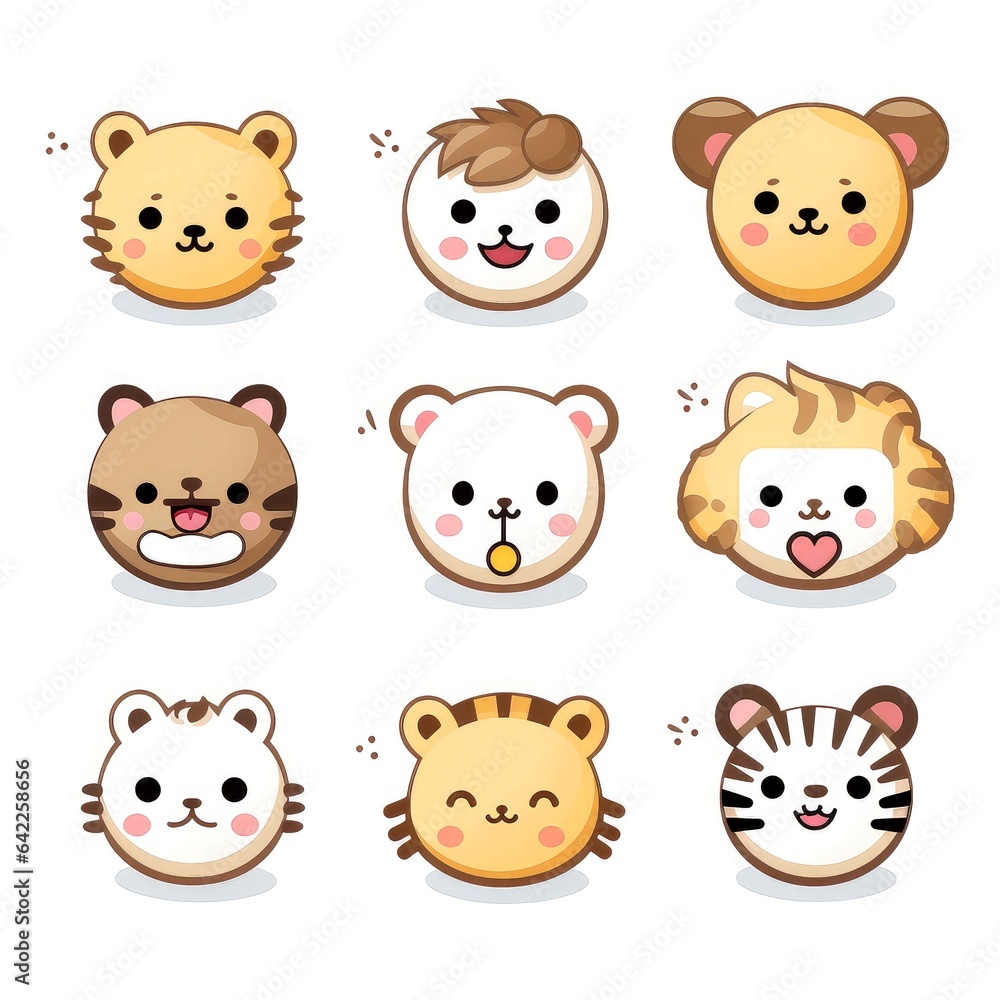 Set of animal faces, face emojis, stickers, emoticons,cartoon funny mascot characters face set, Generative AI illustration Set of animal faces, face emojis, stickers, emoticons,cartoon funny mascot characters face set, Generative AI illustration