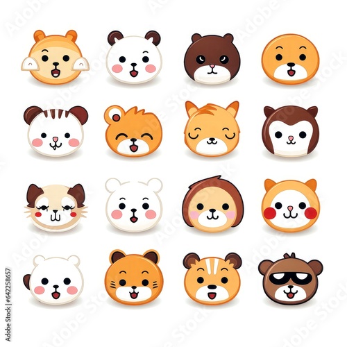 Set of animal faces  face emojis  stickers  emoticons cartoon funny mascot characters face set  Generative AI illustration