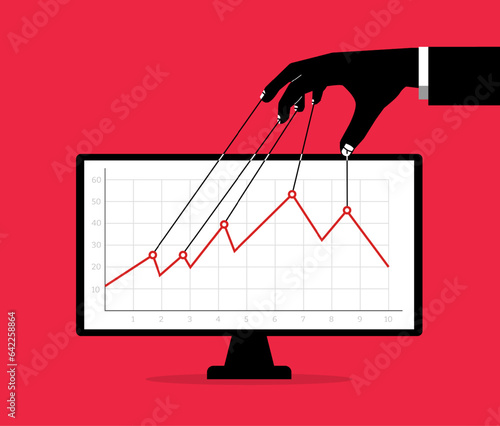 Stock market manipulation, hands with strings over graph for changing, controlling price movement, businessman market manipulator to control market graphs