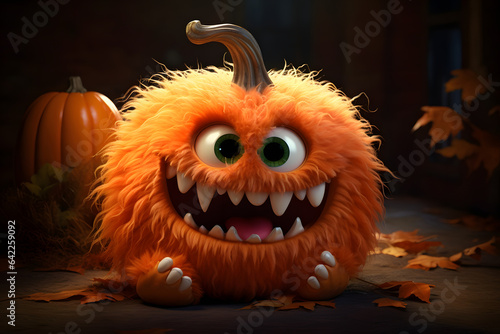 Cute furry little monster in the shape of a pumpkin