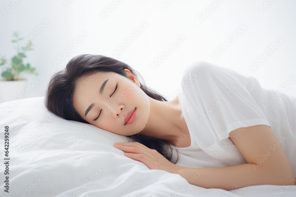 ベッドで横たわって睡眠中(安眠)の日本人女性 ベッドで横たわって睡眠中(安眠)の日本人女性