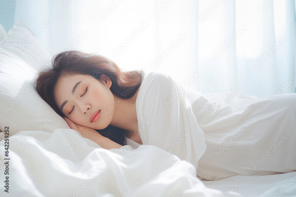 白いベッドで睡眠中の日本人女性 白いベッドで睡眠中の日本人女性
