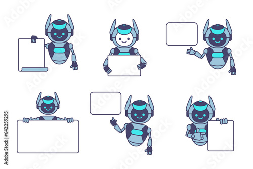 Robot holding blank poster banner for showing information or advertisement