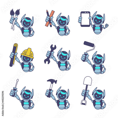 Robot character holding paintbrush, ruler and pencil, phone, blueprint paper, wrench, paint roller, screwdriver, hammer, shovel. Robot mascot illustration