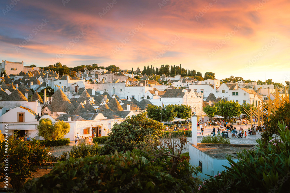 View of the historic center of Alberobello at sunset