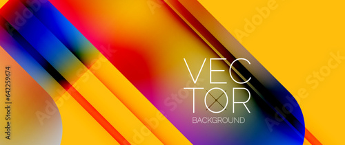 Dynamic bright colorful geometric elements with fluid gradients, lights, shadows blend in a minimal backdrop, creating captivating composition