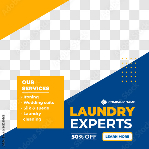 Laundry cleaning service social media post template. Laundry service promotional web banner design. Cloth wash business advertisement template vector. Laundry social media post design.