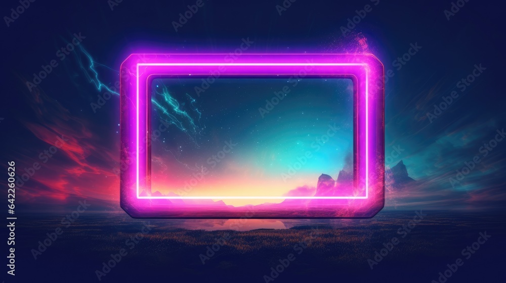 Glowing neon rectangle frame over abstract landscape. Generative AI image weber.