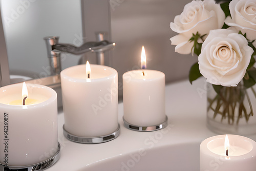 Elegant white bathroom interior with rose petals and candles. Luxury romantic zen atmosphere.