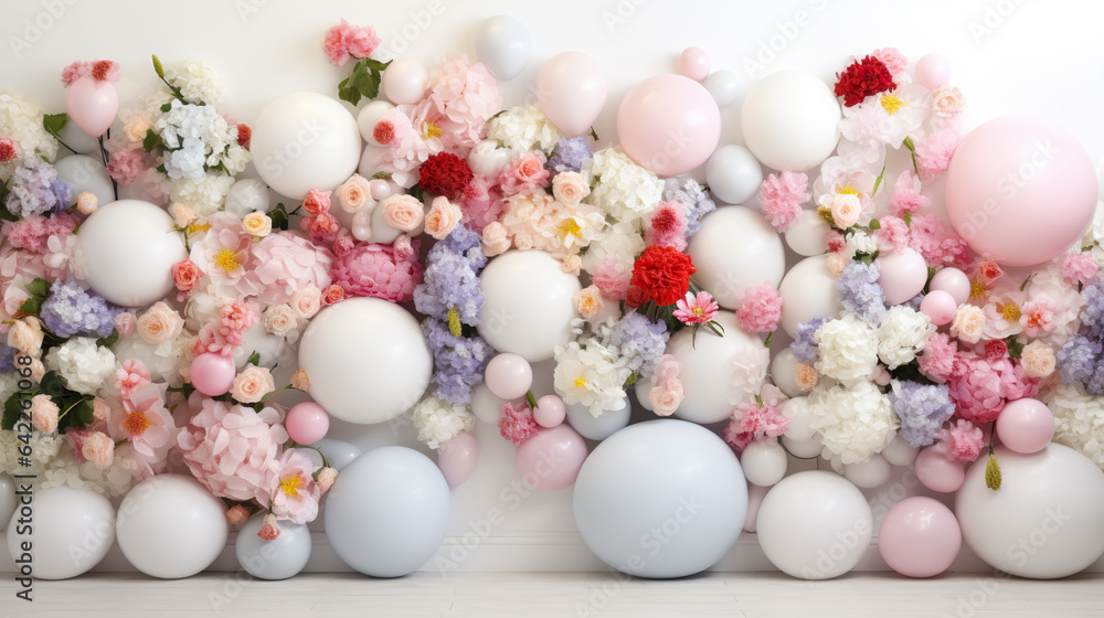 realistic spring floral balloon wall, white floor, neutral colors