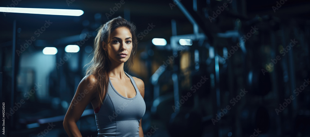 Fit woman working out in gym, empty space for text