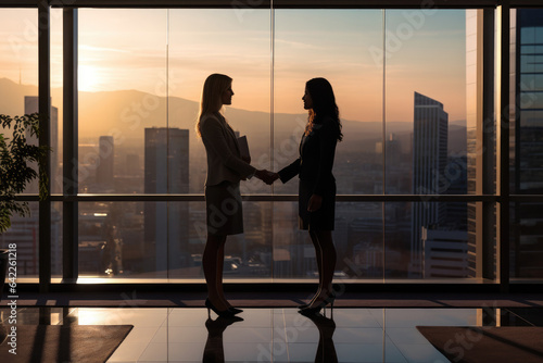 Businesswomen handshake for teamwork of business merger and acquisition,successful negotiate,hand shake,two businesswoman shake hand with partner to celebration partnership and business deal photo