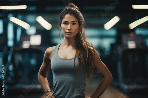 Fit woman working out in gym, poised and stoic