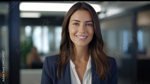 Close up portrait of smiling beautiful millennial businesswoman or CEO looking at camera, happy female boss posing making, confident successful woman at work. 