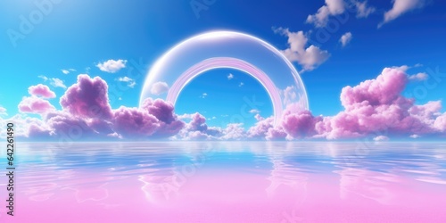 3d rendering abstract fantasy background. Surreal fantastic landscape. Blue sky, white fluffy clouds, neon round linear frame, calm water, pink sand dunes. Virtual reality paradise wallpaper