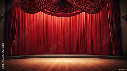 Portrait red curtain theater stage podium with spotlight AI Generative