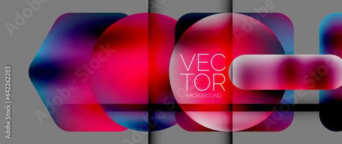 Dynamic bright colorful geometric elements with fluid gradients, lights, shadows blend in a minimal backdrop, creating captivating composition