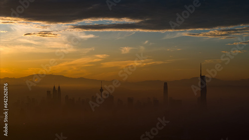 Aerial panaromic city skyline at distance view of Kuala Lumpur during beautiful sunset