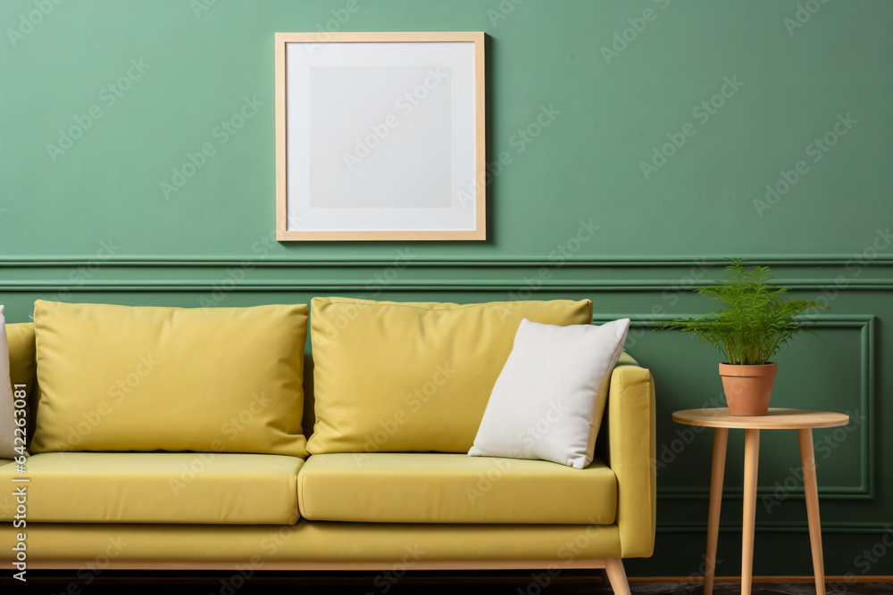 Poster frame mockup in green Scandinavian style interior Poster frame mockup in green Scandinavian style interior