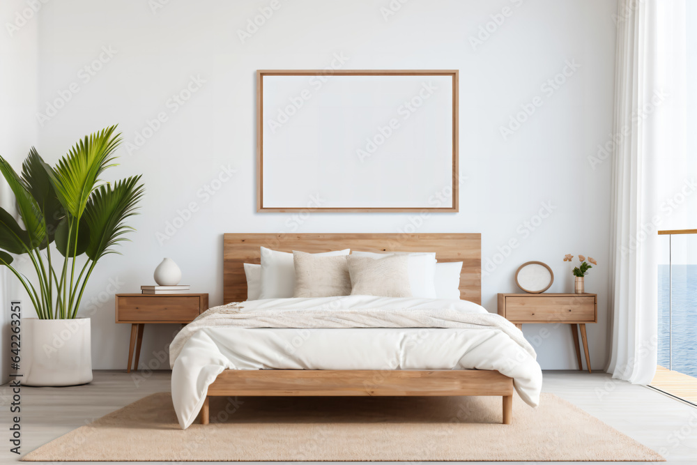 Fototapeta premium Warm colored bedroom by the sea poster mockup