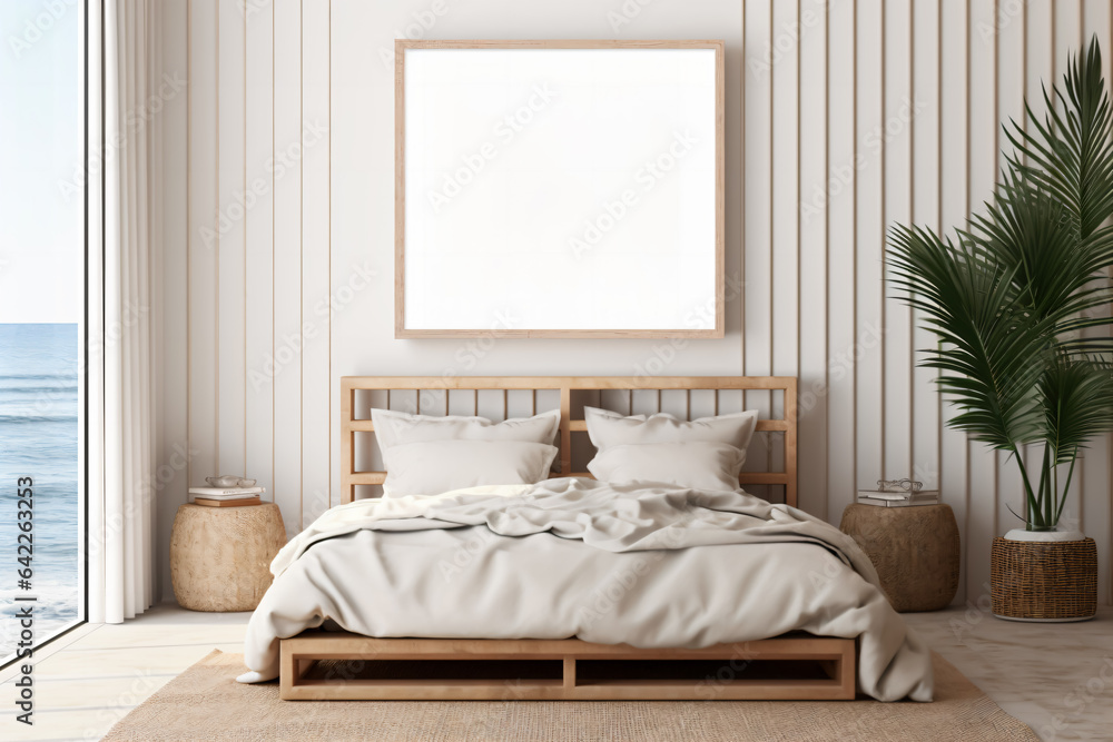Fototapeta premium Warm colored bedroom by the sea poster mockup