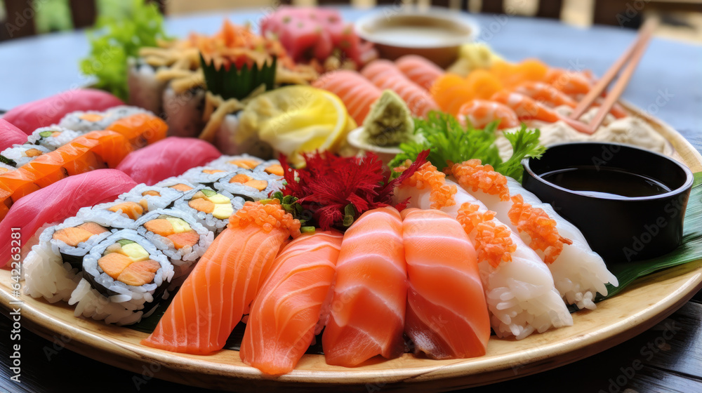 A flat lay of a mouth-watering plate of sushi A flat lay of a mouth-watering plate of sushi