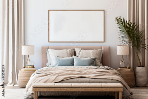 Poster frame mockup in a minimalist bedroom © danter