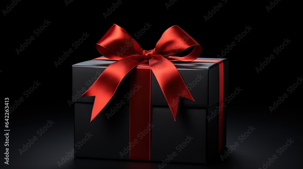 Portrait black gift box with red ribbon on the black background AI Generative Portrait black gift box with red ribbon on the black background AI Generative