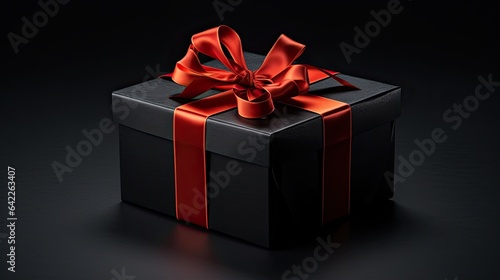 Portrait black gift box with red ribbon on the black background AI Generative