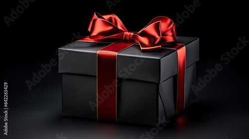 Portrait black gift box with red ribbon on the black background AI Generative