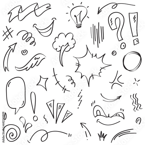 Vector set of hand-drawn cartoony expression sign doodle, curve directional arrows, emoticon effects design elements, cartoon character emotion symbols, cute decorative brush stroke lines.