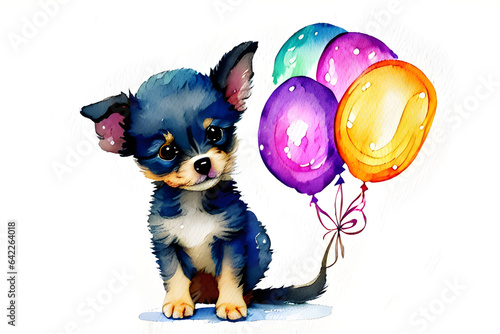 Storybook, pretty small Cute puppy, colorful balloon  watercolor, kid's storybook style, watercolor style on white background. Generative AI © kara