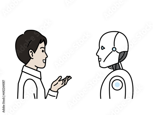 ロボットと話す男性のイラスト