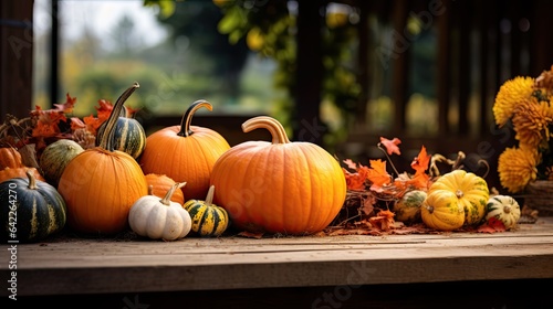 Portrait Pumpkins on the table with light exposure Ai Generative