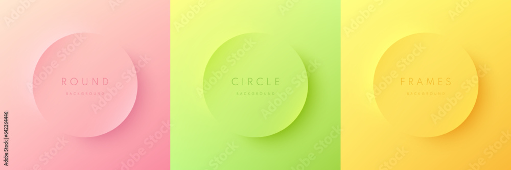 Set of 3D gradient circles frames background. Pink, green and yellow ...