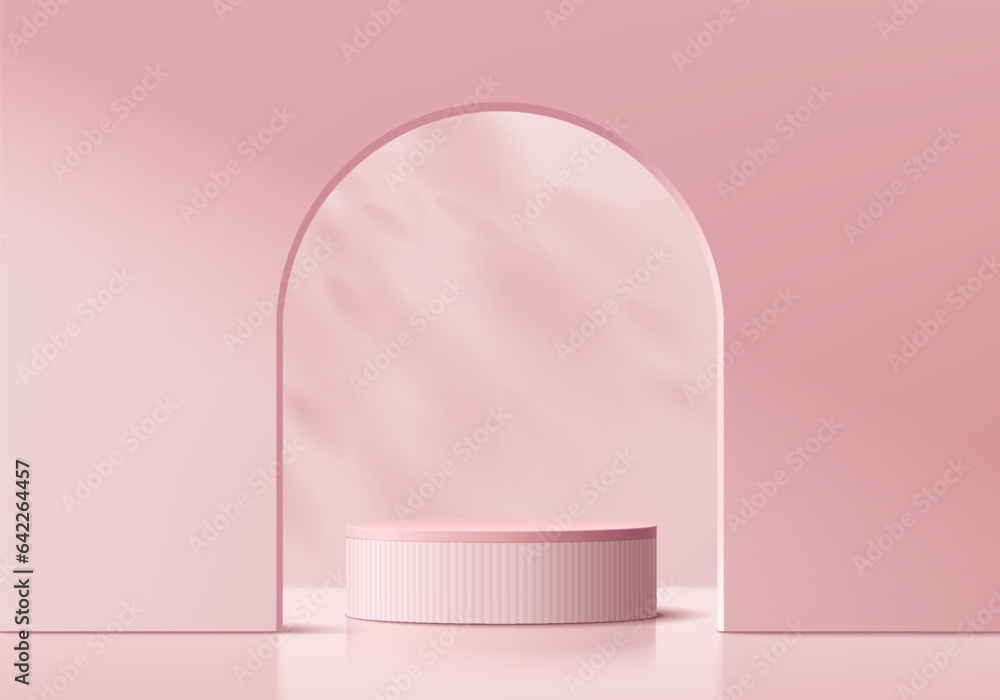 Abstract 3D pink cylinder pedestal podium background with leaf shadow in arch gate. Product display mockup presentation. Pastel minimal wall scene. Stage showcase. Platforms vector geometric design. - obrazy, fototapety, plakaty 