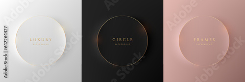 Set of 3D luxury circles frames background. Black, silver and pink gold podium with golden stripes in top view design. Product display presentation with copy space. Minimal scene. Vector illustration.