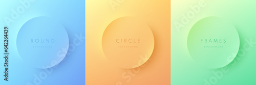 Set of 3D gradient circles frames background. Blue, orange and green round podium in top view design. Geometric product display presentation with copy space. Pastel minimal scene. Vector illustration.