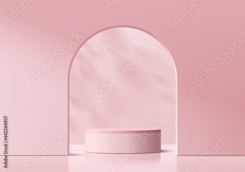 Fotografiet Abstract 3D pink cylinder pedestal podium background with leaf shadow in arch gate