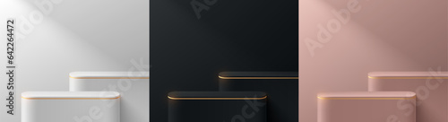 Set of black, pink gold, white and golden 3D background with level round product podium. Luxury mockup display presentation. Minimal wall scene. Stage showcase. Platforms vector geometric design.