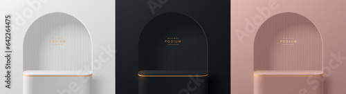 Set of 3D round corner product podium background in black, silver, pink gold arch gate. Luxury mockup display presentation. Minimal wall scene. Stage showcase. Platforms vector geometric design.