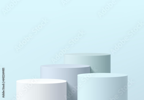 Set of abstract 3D pastel blue and white cylinder pedestal podium background. Cosmetic product display mockup presentation. Minimal wall scene. Round stage showcase. Platforms vector geometric design.