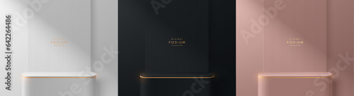 Set of Realistic 3D product podium background in black, silver, pink gold and golden color. Luxury mockup display presentation. Minimal wall scene. Stage showcase. Platforms vector geometric design.