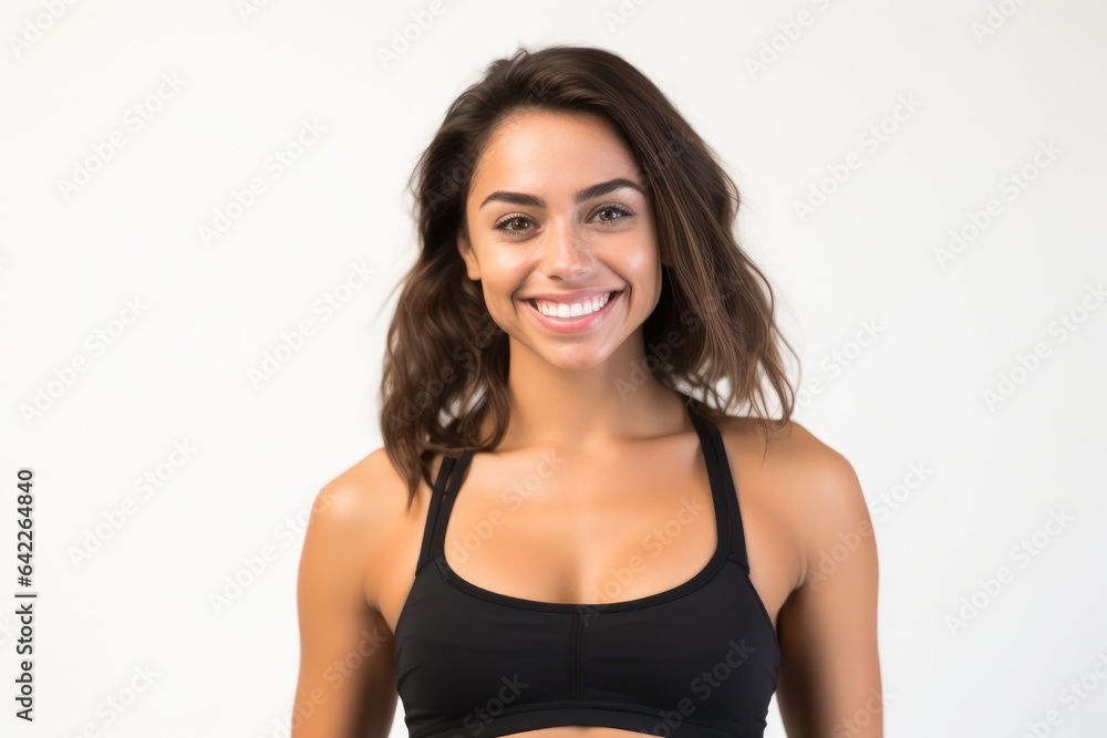 Portrait of a smiling sportswoman in black sportswear isolated on a white background and Looking at the camera. Portrait of a smiling sportswoman in black sportswear isolated on a white background and Looking at the camera.