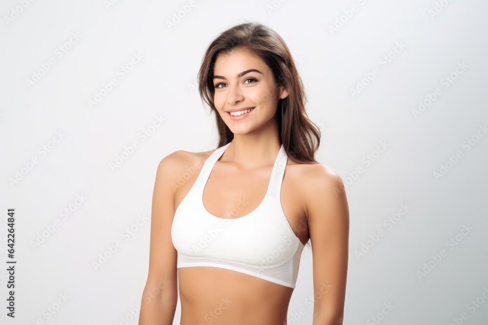 Portrait of a smiling sportswoman in white sportswear showing her thumb up and her biceps isolated on a white background and Looking at the camera. Portrait of a smiling sportswoman in white sportswear showing her thumb up and her biceps isolated on a white background and Looking at the camera.