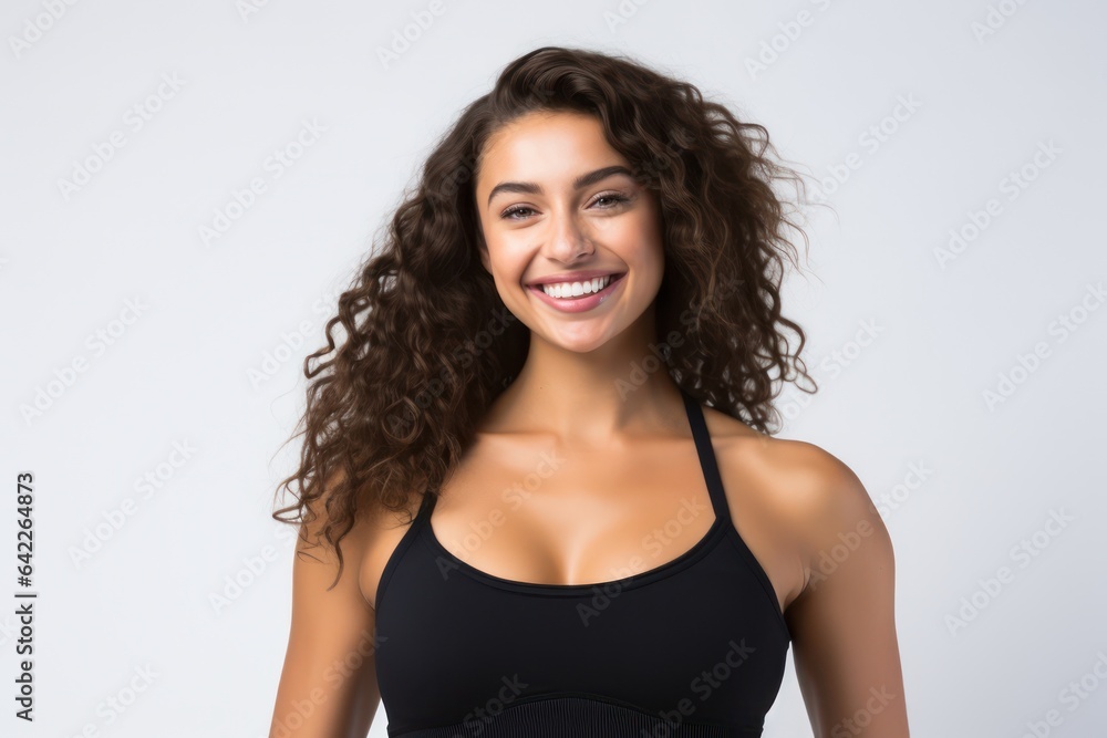Portrait of a smiling sportswoman in black sportswear isolated on a white background and Looking at the camera. Portrait of a smiling sportswoman in black sportswear isolated on a white background and Looking at the camera.