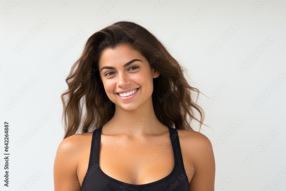 Portrait of a smiling sportswoman in black sportswear isolated on a white background and Looking at the camera. Portrait of a smiling sportswoman in black sportswear isolated on a white background and Looking at the camera.