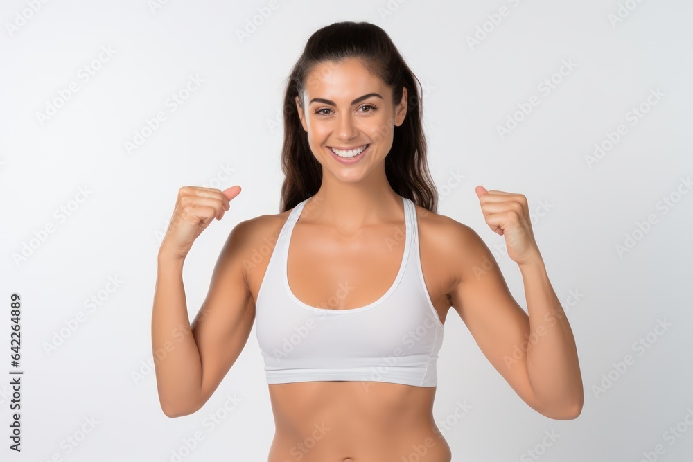 Portrait of a smiling sportswoman in white sportswear showing her thumb up and her biceps isolated on a white background and Looking at the camera. Portrait of a smiling sportswoman in white sportswear showing her thumb up and her biceps isolated on a white background and Looking at the camera.